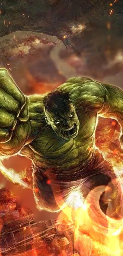 Green giant emerging from fiery background on mobile wallpaper.