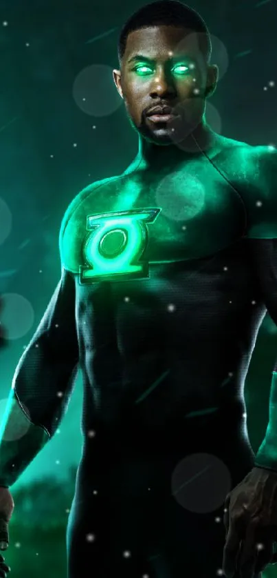 Green Lantern superhero glowing in a dynamic pose with vibrant green elements.