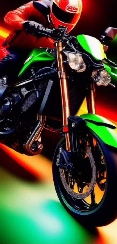 Green motorcycle racing with vibrant lighting effects.