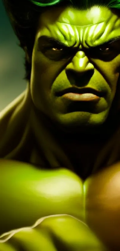 Green superhero with intense expression and dynamic energy on a mobile wallpaper.