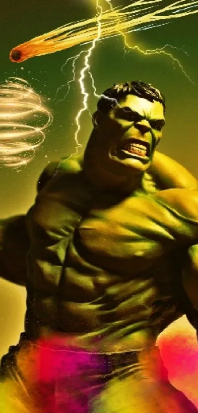 Vibrant green superhero in dynamic pose with dramatic background elements.