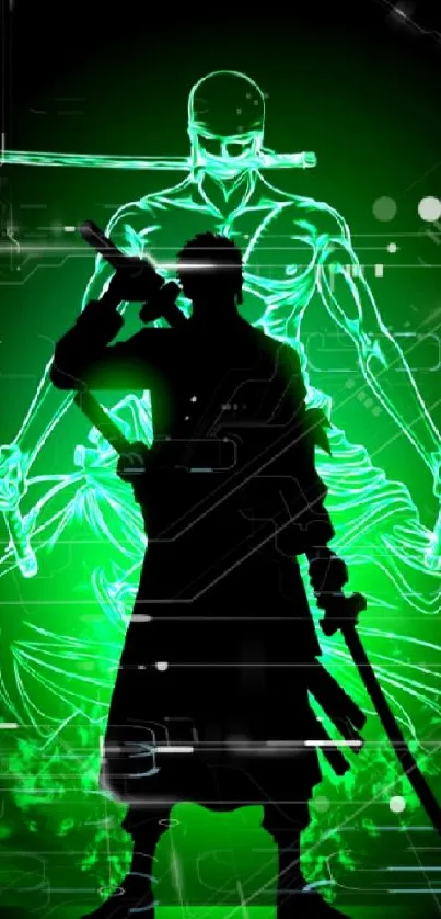 Silhouette of a warrior in green background holds swords, creating an iconic mobile wallpaper.