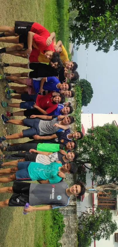 Group of friends enjoying outdoor activity in a lush green setting.