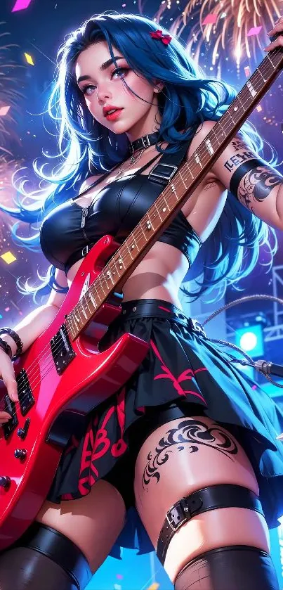 Anime guitarist in a festive scene with fireworks and vibrant colors.