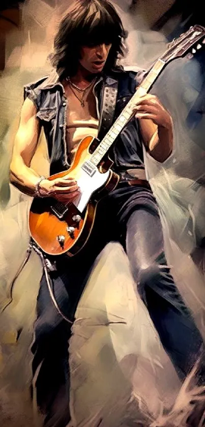 Artistic depiction of a guitarist playing electric guitar.