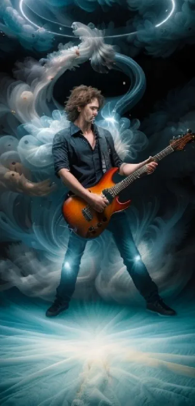 Fantasy guitarist with swirling abstract background.