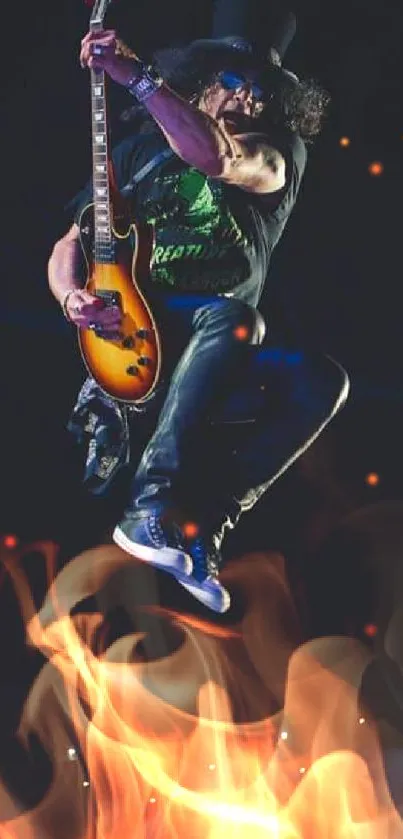 Guitarist jumping with electric guitar on a dimly lit stage.