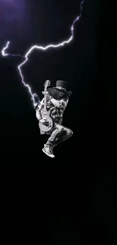 Energetic guitarist in a lightning pose on a black background.