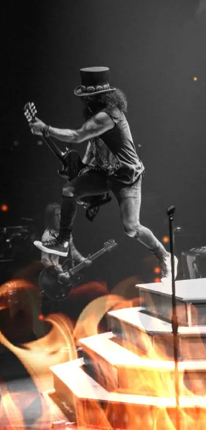 Guitarist jumps on stage during live rock concert.