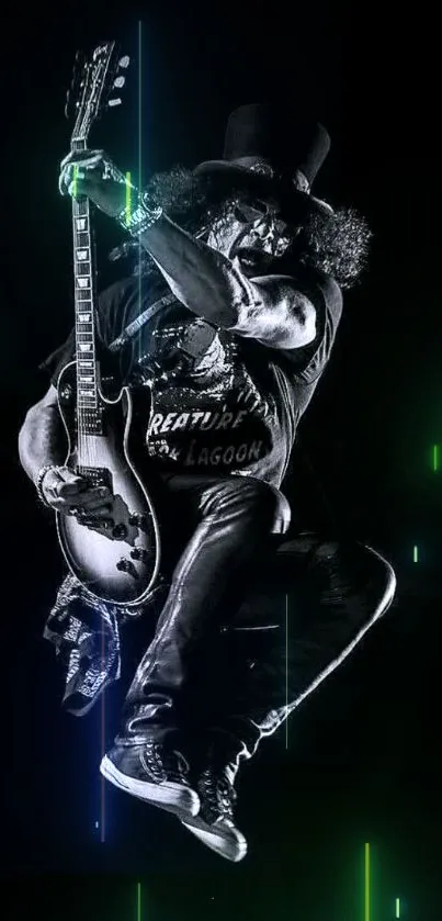 Guitarist in motion with neon lights and black background.