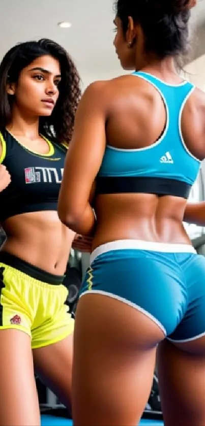 Two women in a gym workout setting, showcasing physical fitness.