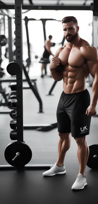 Muscular athlete in a modern gym setting, showcasing workout motivation.