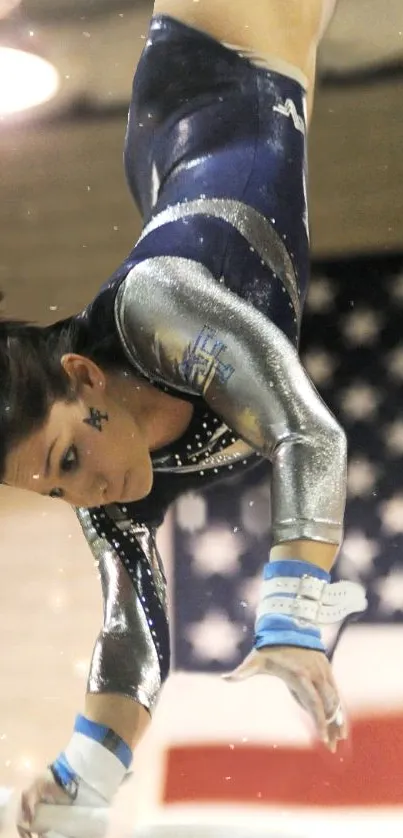 Female gymnast in action during performance, showcasing skill and elegance.