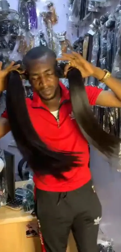 Man holding long hairpieces in a vibrant hair store.