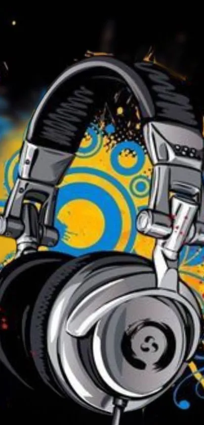 Vibrant headphones art wallpaper with blue and yellow splashes.