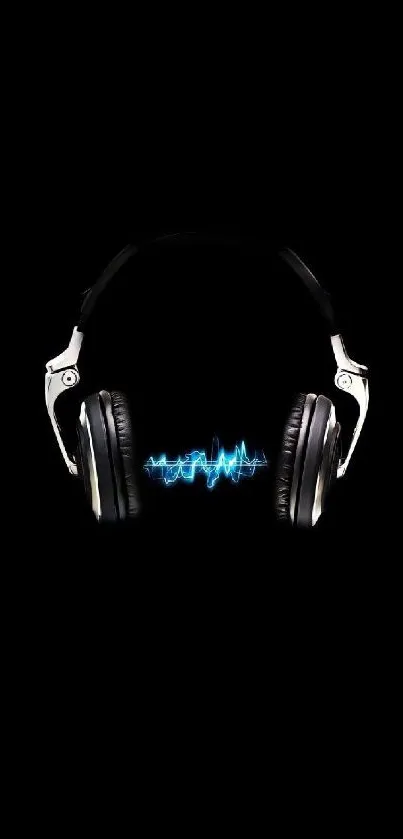 Image of headphones with blue waveform on black background.