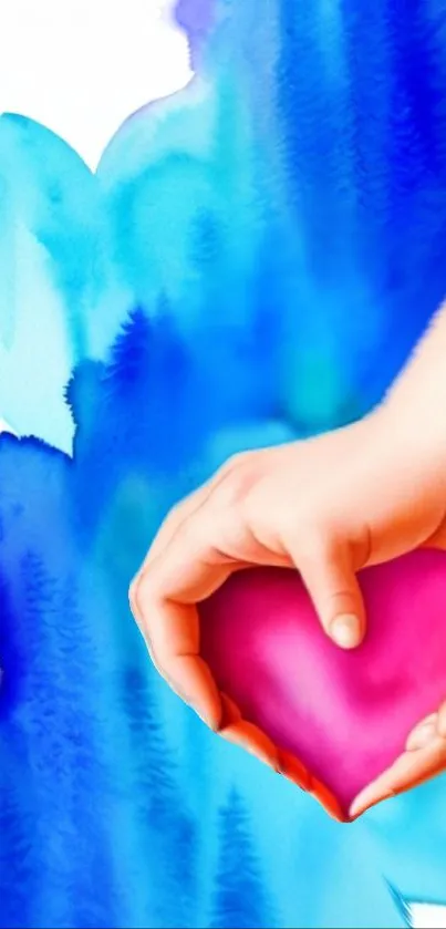 Watercolor heart held by hands on a blue background.