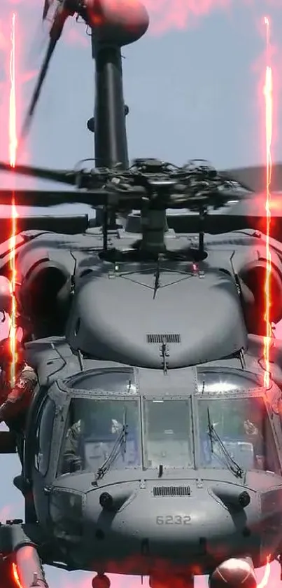 Gray military helicopter flying against blue sky