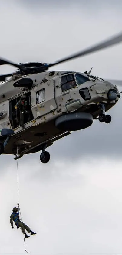 Helicopter in flight against a cloudy sky.