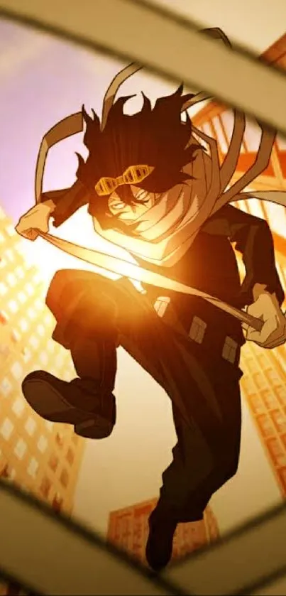 Dynamic anime hero leaping against a city backdrop.