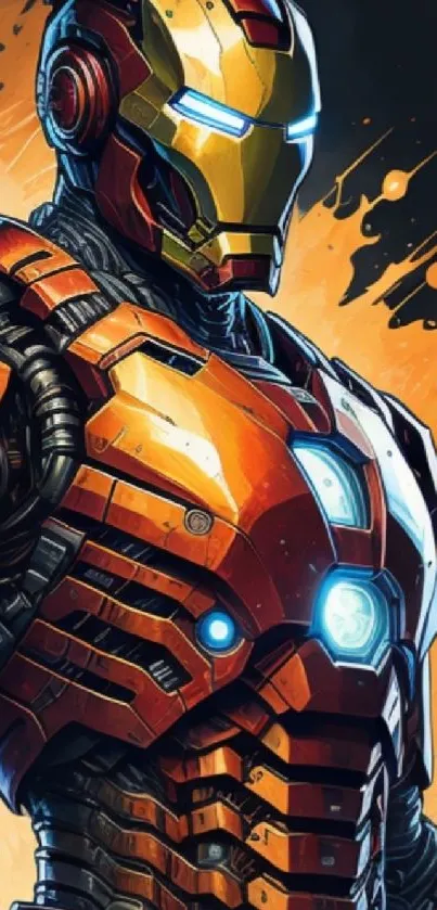 Dynamic hero in orange armor against vibrant background.