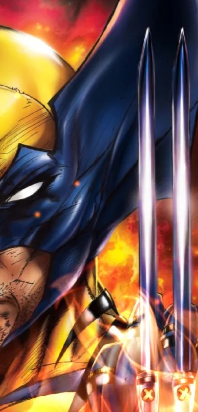 Dynamic superhero art with vibrant yellow and blue design featuring sharp claws.