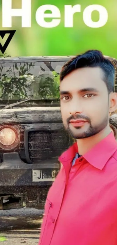 Young man in red shirt with black jeep and green background.