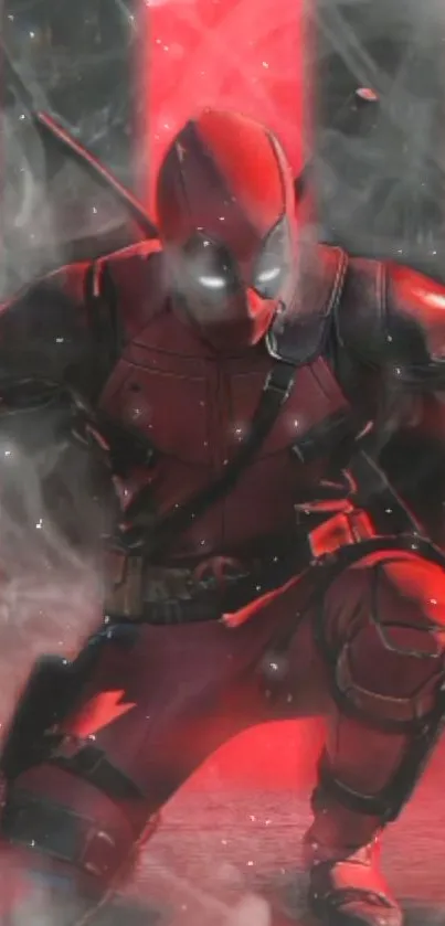 Dynamic superhero in red costume striking a powerful pose with a smoky backdrop.