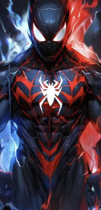 Dynamic superhero with red and blue energy on a dark background.