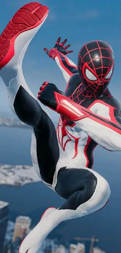 Spider hero in dynamic pose with city backdrop.