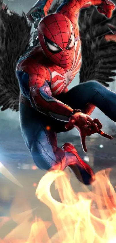 Web-slinging hero with black wings in action.