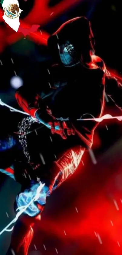 Dynamic hero in action with vivid red and blue elements on black background.