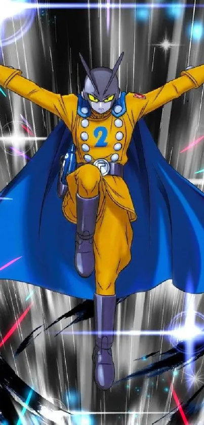 Anime hero in blue cape with bright background.