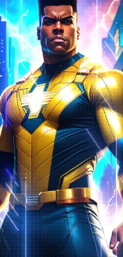 Heroic figure in gold and blue suit with city backdrop and electric aura.