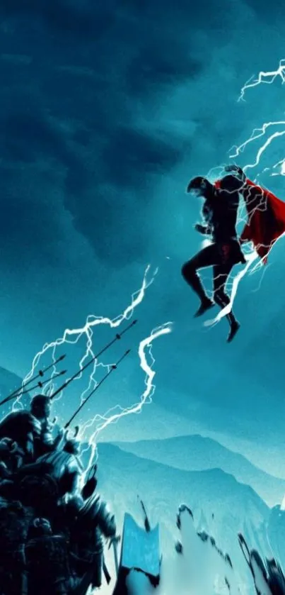 Superhero with red cape and lightning in blue sky background.