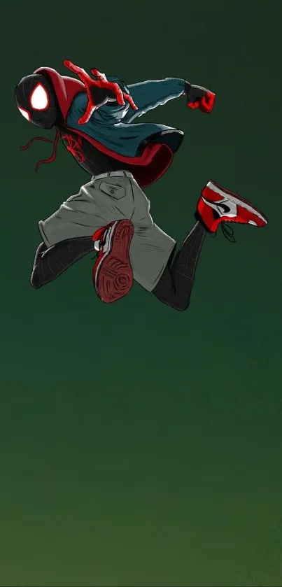 Dynamic hero leaping against a dark green background.