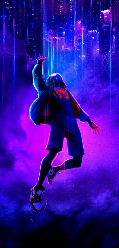 Neon superhero leaping in cityscape with vibrant purple hues.