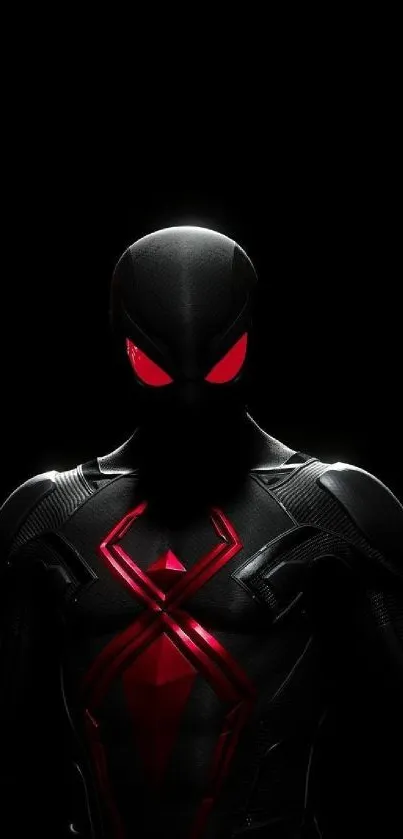 Silhouette of a superhero with red accents on a dark background.