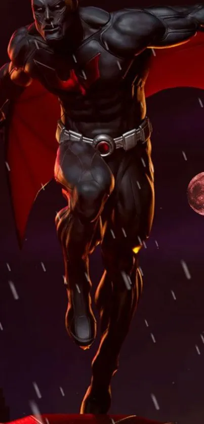 Dynamic superhero leaping in dark red night scene.