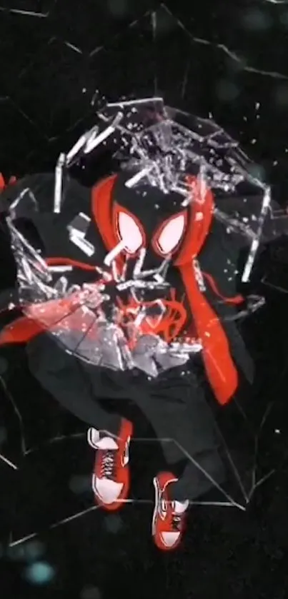 Superhero bursts through shattered glass in dynamic red and black design.