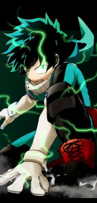 Anime hero in dynamic pose with green energy aura.