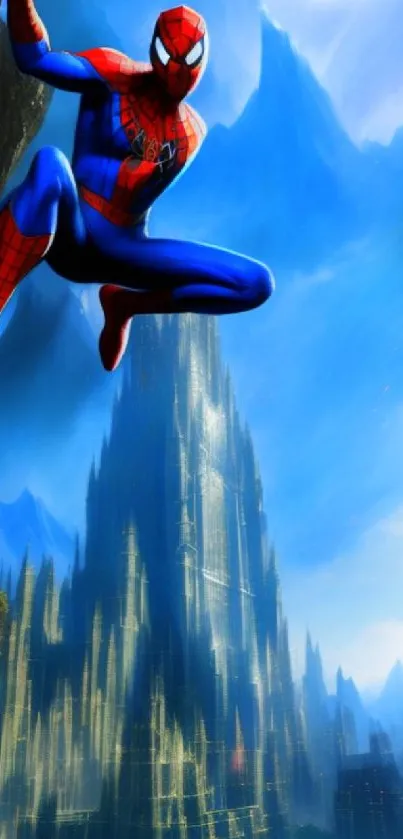 Superhero leaps over a vibrant blue cityscape with tall buildings.