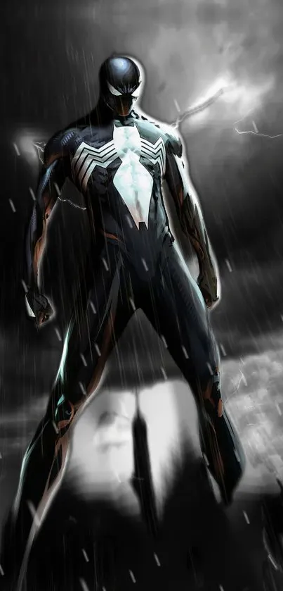 Imposing superhero stands in rain-soaked cityscape with dramatic contrast.