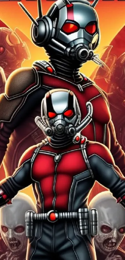 Vibrant superhero duo in red and black costumes on a dynamic wallpaper.