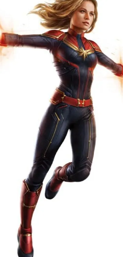 Heroic female in red and blue costume, radiating energy while flying.