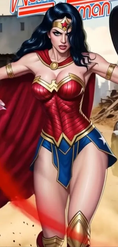 Illustration of a superheroine in action pose.