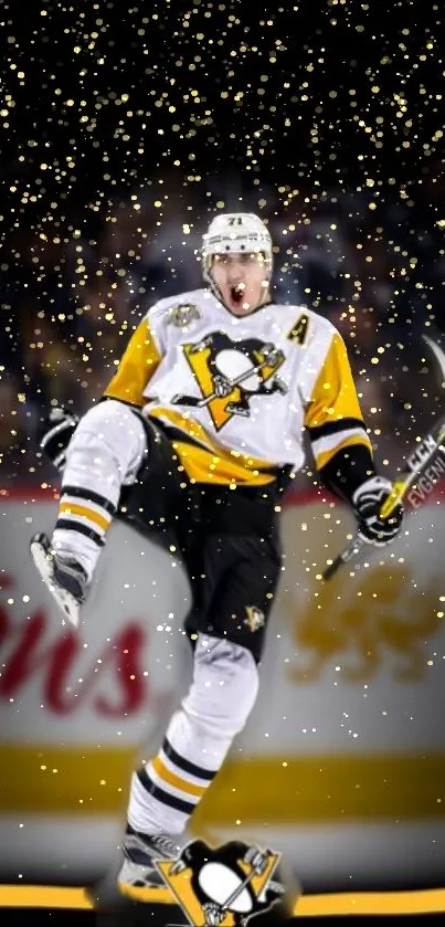 Hockey player celebrating with excitement on the ice rink.