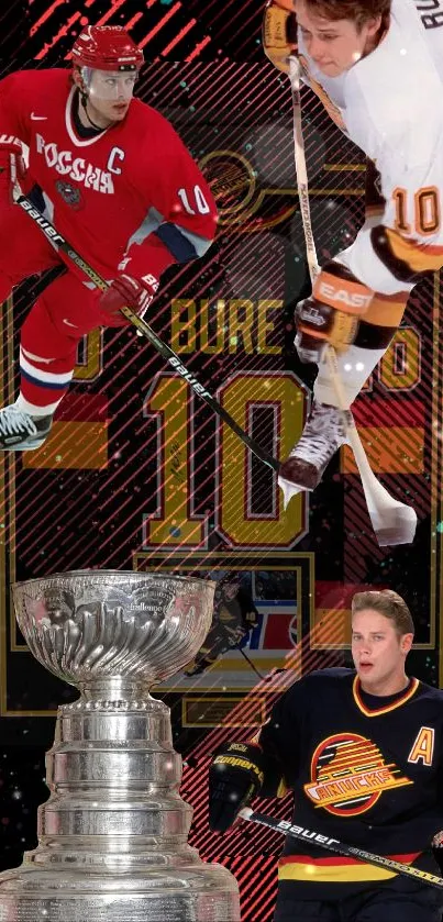 Dynamic hockey legends with trophy and vibrant background.