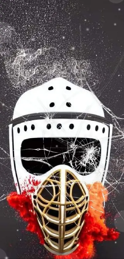 Dynamic hockey mask with vibrant red splash on black background.