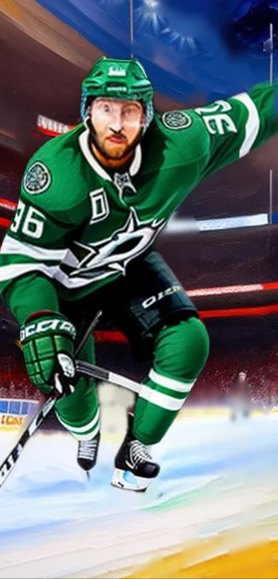 Hockey player in green jersey skating energetically on ice at vibrant arena.